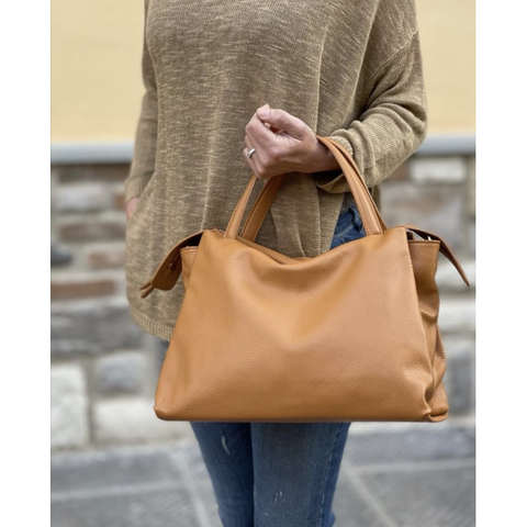 Light brown italian top grain leather bag with top handle