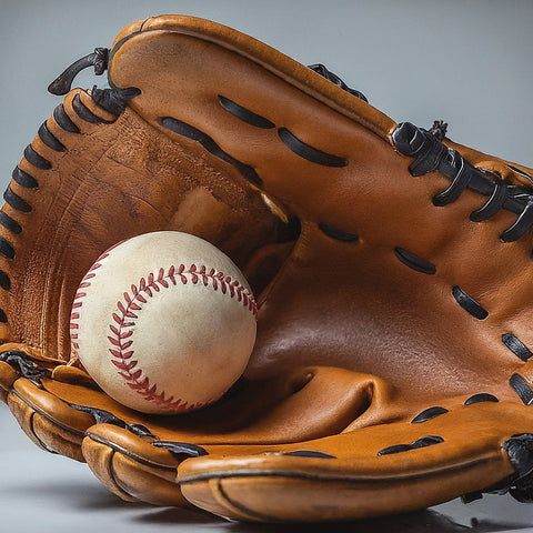 Close-up of a baseball resting in a brown leather glove showcasing control and comfort.