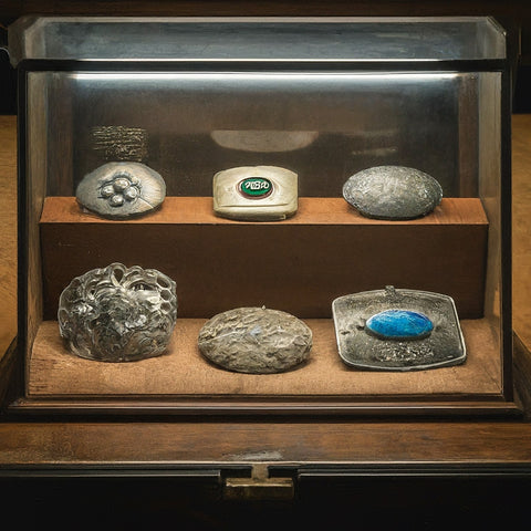 Image of a cabinet containing antique belt buckles