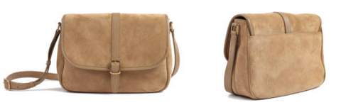 A front view and angled view of a biege suede bag against a white background