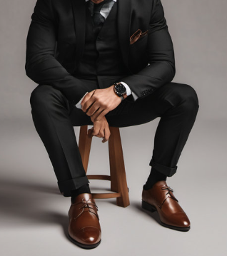 Mens black suit and belt with brown dress shoes