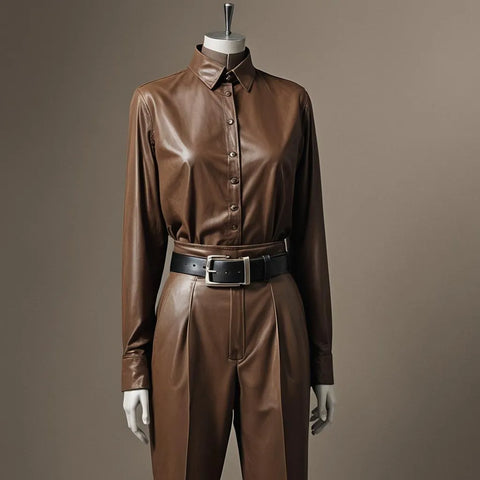 A mannequin wearing brown dress pants and a black leather belt