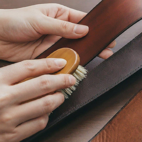 Brushing away dust from a leather belt with a soft brush for proper care.