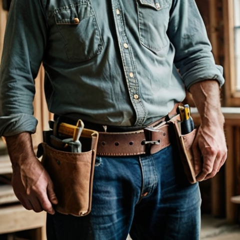 Carpenter wearing a sturdy brown work belt