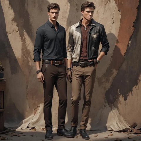 A mannequin wearing dark brown chinos and a black leather belt
