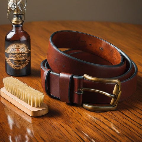 A classic leather belt with a leather care kit for cleaning and conditioning.