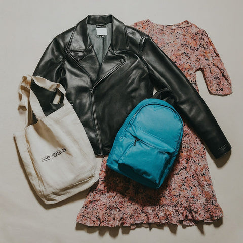 Collage showcasing different clothing materials: leather jacket, nylon backpack, canvas tote bag, and polyester dress.