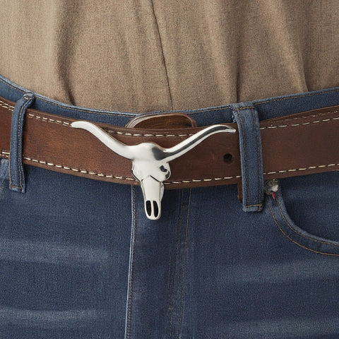 Mens stylish black leather belt with silver longhorn buckle