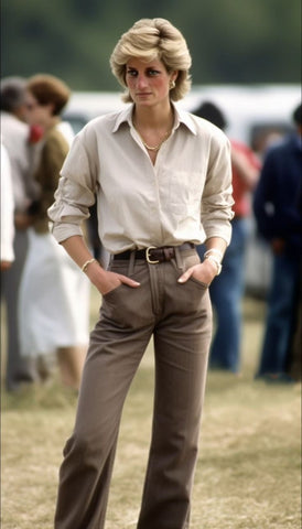 Princess Diana attending a Polo match wearing a casual light shirt, brown belt, and brown pants