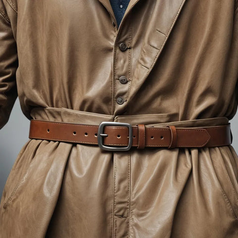 A close-up shot of a tan leather belt with a lighter shade and a casual buckle displayed on a mannequin.