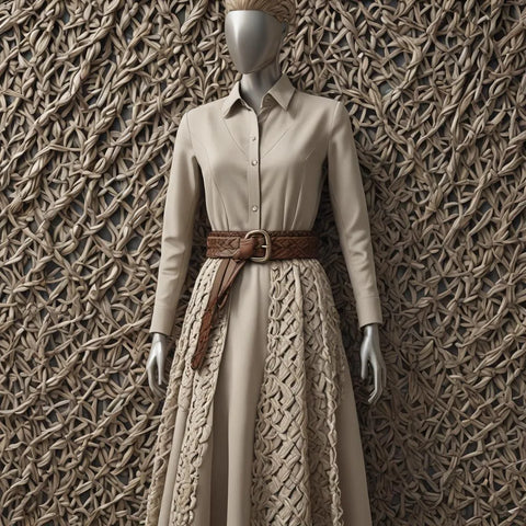 A woven belt in a neutral color displayed on a mannequin. The weave pattern adds a touch of texture and complements both casual and semi-formal attire.