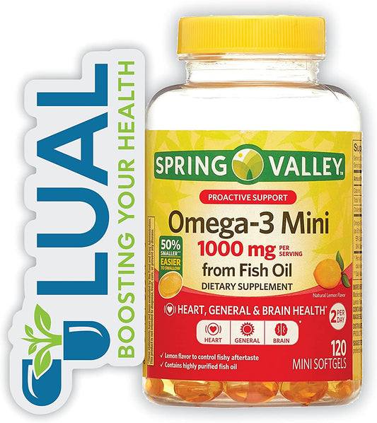 Spring Valley Proactive Support Omega-3 from Fish Oil Heart General & Brain  Health Dietary Supplement Softgels, 1000 mg, 120 Count 