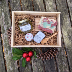 Gift set in wooden box with honey scrup, soap, beech wood soap dish, salve and lip balm