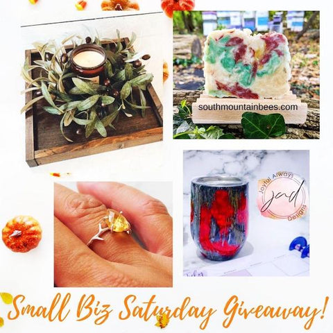 Fall Giveaway. Four beautiful gifts from four women owned businesses: a charcuterie board, a natural soap, a tumbler, and a citrine ring.