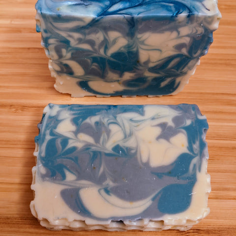 Rosemary soap with blue and gray swirls