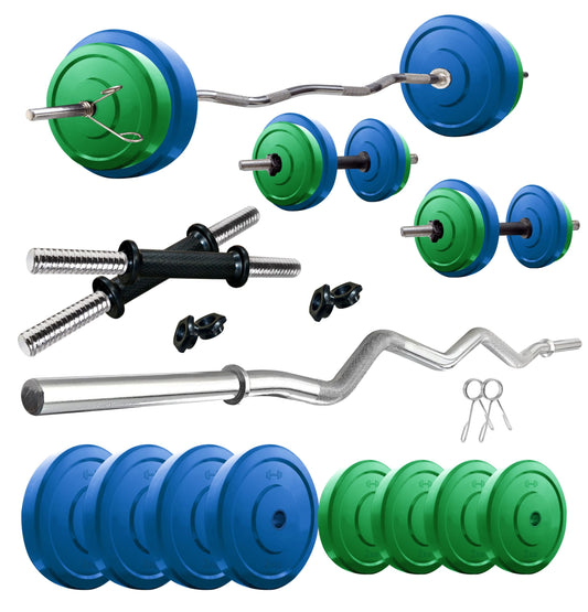 Kore Premium 10-50 kg Coloured Solid Rubber Fitness Kit with One 3 Ft Curl  + One 5 Ft Plain and One Pair Dumbbell Rods (CP-COMBO2-WB-WA)