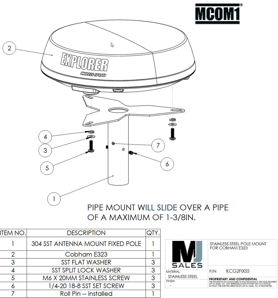 Stainless steel antenna pole mount for BGAN Cobham Explorer E323 satellite terminal