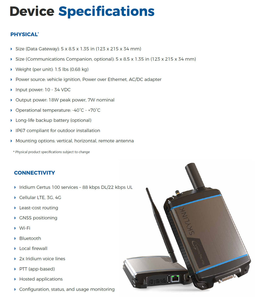 SkyLink device specification Iridium Certus 100