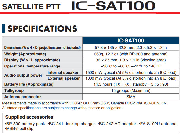 Icom IC-SAT100 Specifications PTT Radios