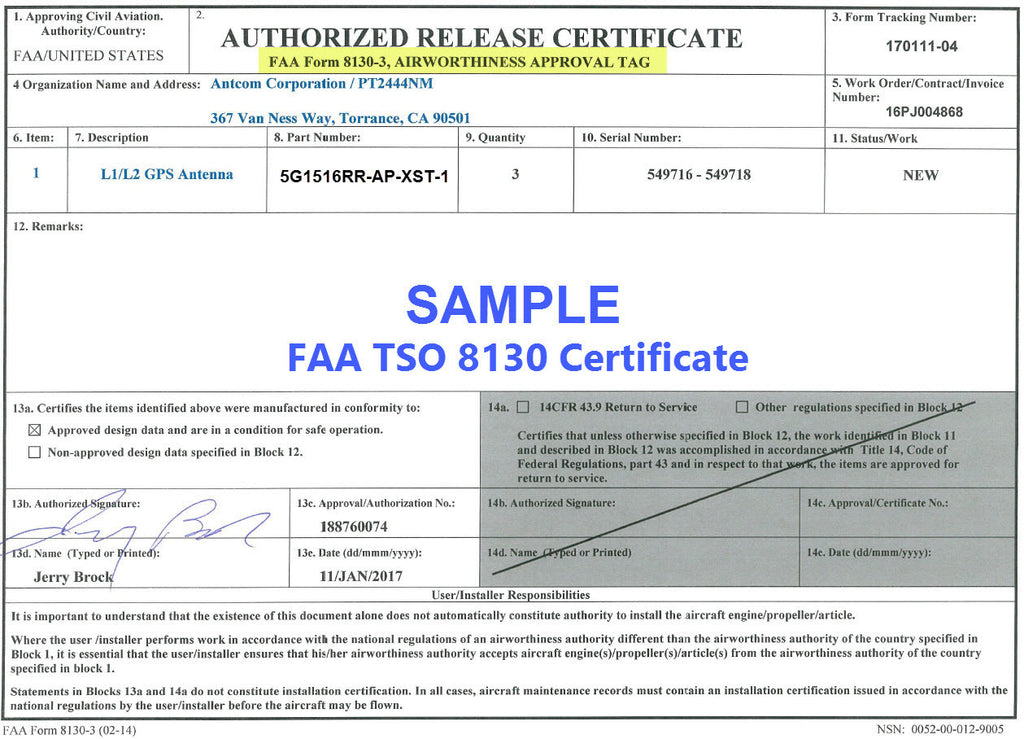 ANTCOM AIRCRAFT AVIATION IRIDIUM ANTENNA FAA TSO 8130 CERTIFICATE