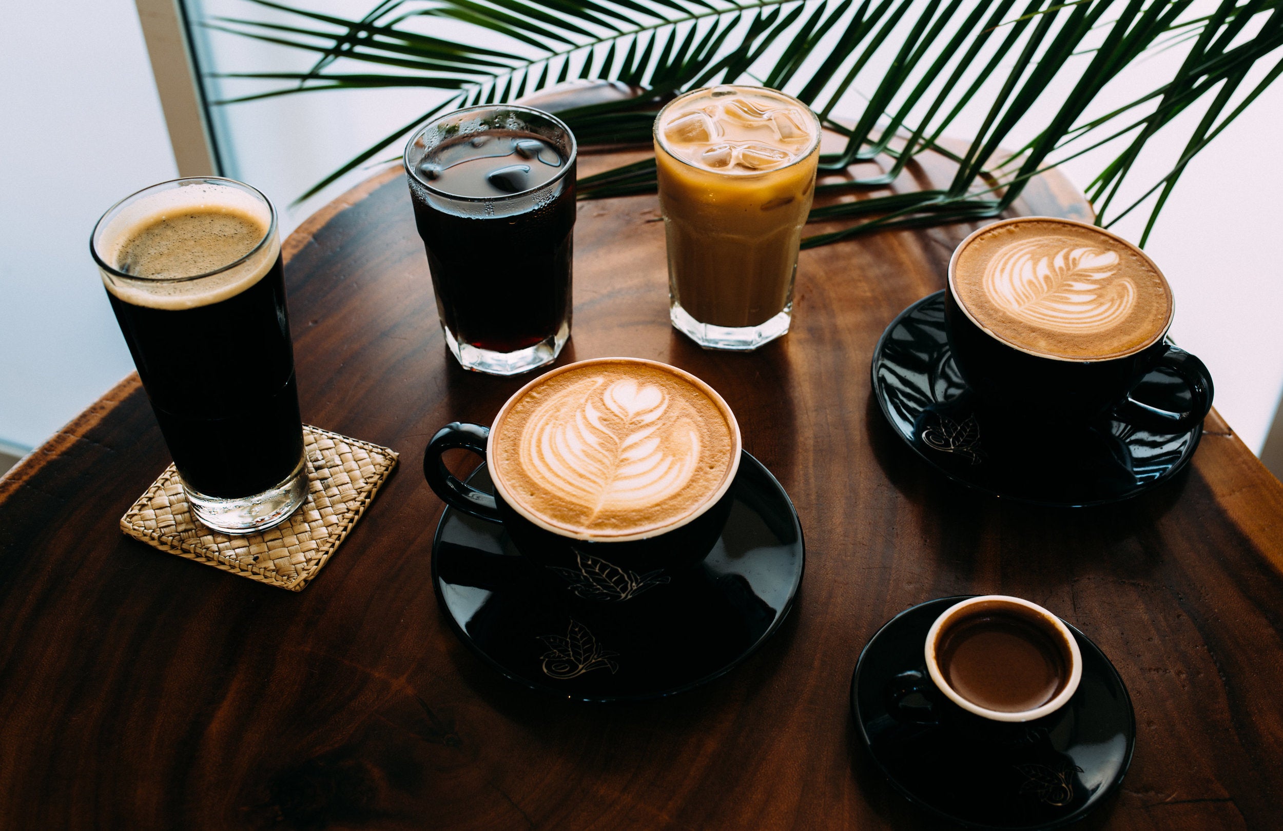 A variety of different caffeinated coffee drinks at Kona Coffee &amp; Tea's Kailua-Kona café. PHOTO: Blake Wisz