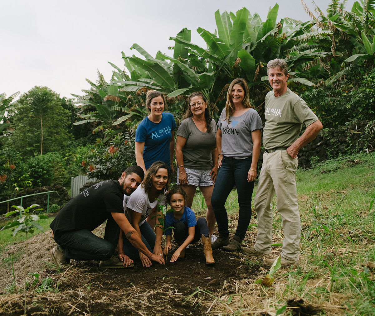 Kona Coffee &amp; Tea is family-owned-and-operated by the Bolton family in Kona, Hawai'i. From left to right- Danny, Kirstina, Zulay, Zadie, Janet, Malia, Dan. PHOTO: Blake Wisz