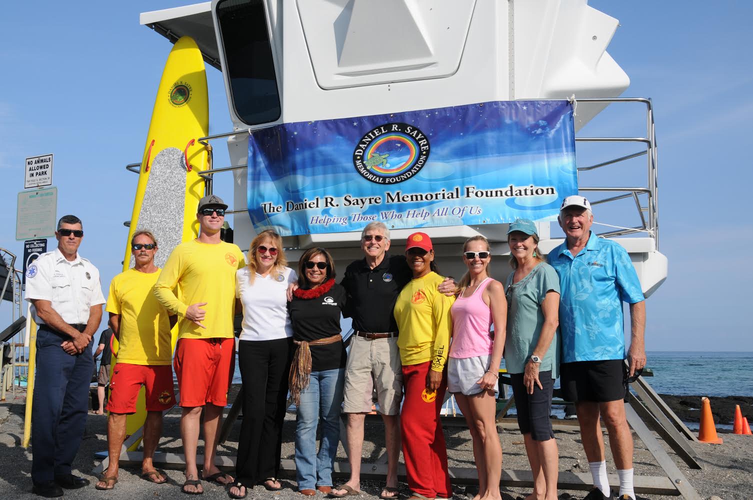 The Daniel R. Sayre Memorial Foundation at the donation of a PA system to Hawaii County Lifeguards. PHOTO: Eric J. Frankied