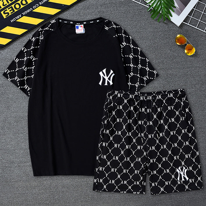 NY New Fashion Women Men Couple High Quality Short Sleeved T-Shirt Shorts Two-Piece Set