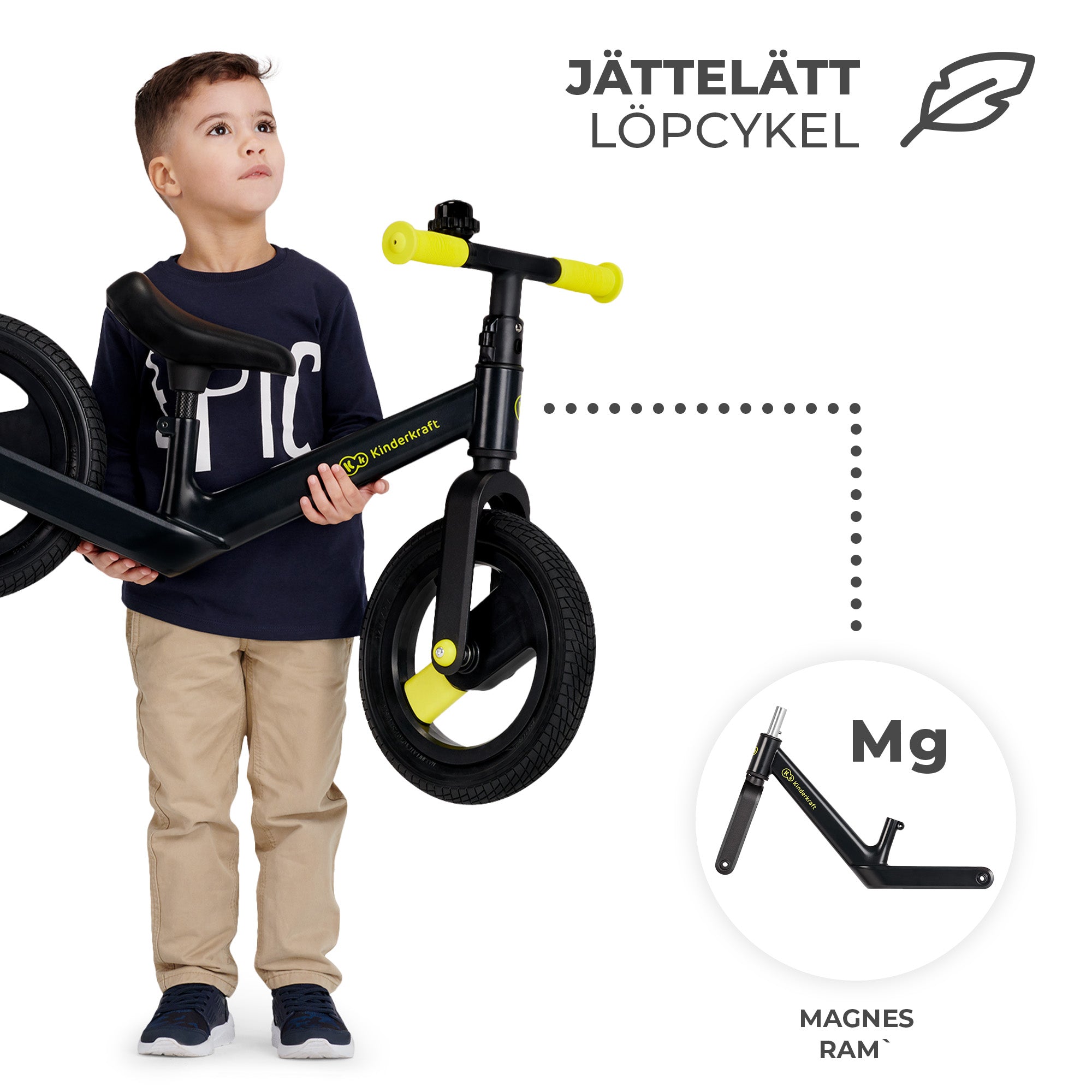 Ung pojke som håller en svart Kinderkraft Balance Bike GOSWIFT med ultralätt magnesiumram.