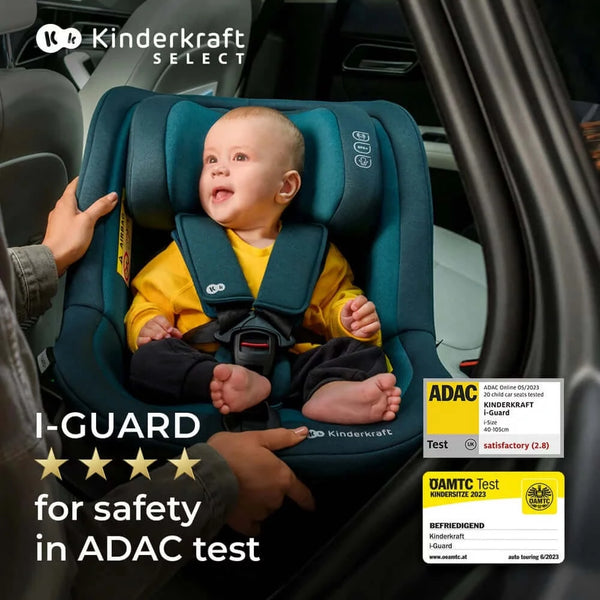 Baby smiling in a teal Kinderkraft Car Seat IGuard, with safety ratings and awards