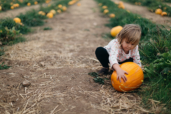 Teaching your child to care for Earth: Girl holding pumpkin on farm