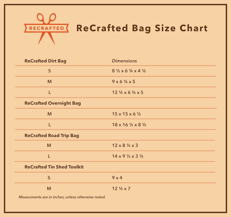 Recrafted bag size chart