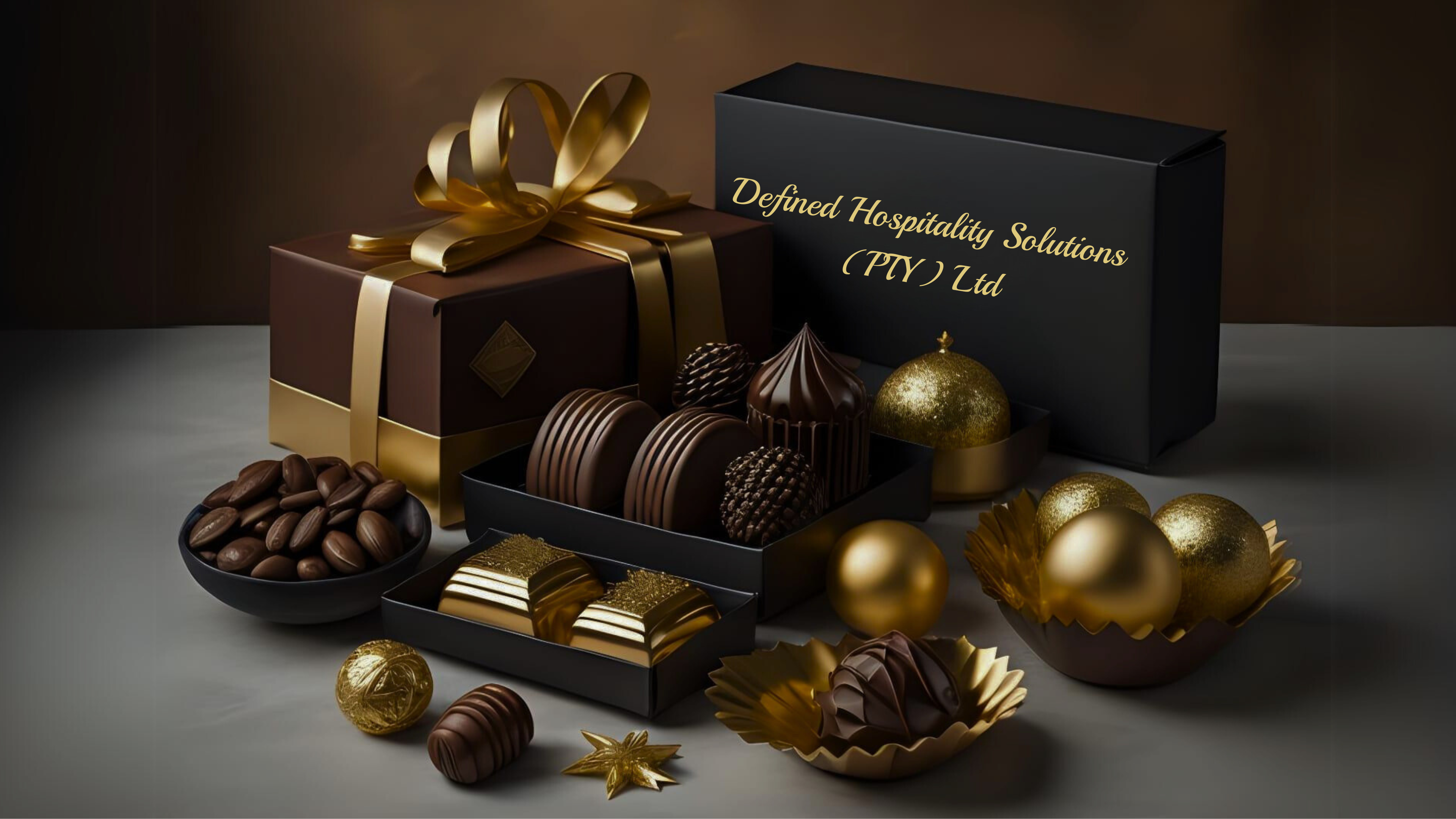 Defined Hospitality Solutions Front Banner Featuring A Variety Of Chocolates, Gifts with Golden Wrapping & Golden Ornaments