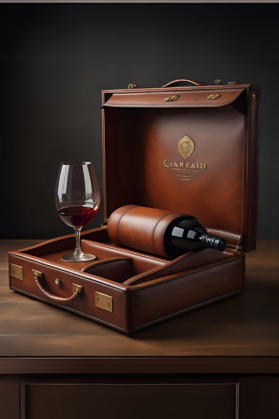 An image that showcases a gift collection of a bottle of wine and a glass filled with wine in a leather briefcase that is opened