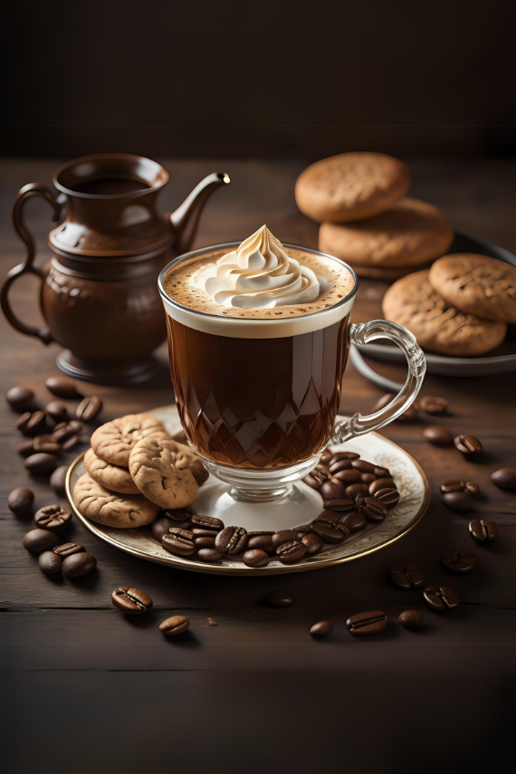 AN image of a cup of coffee with cream ontop surrounded by coffee bean on a dark wooden brown table