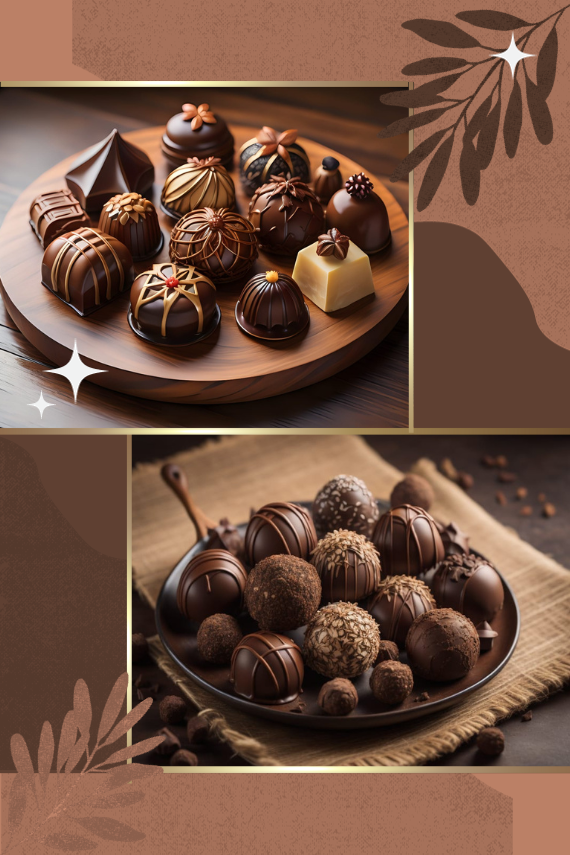 A banner that showcases various chocolates such as pralines and trufles in a plate