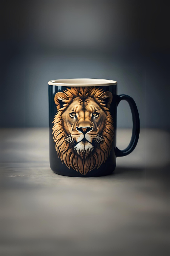 Custom printed mug designs with a lions face on it
