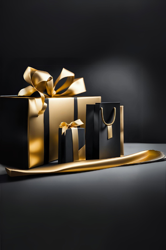 An image of various gold and black gift boxes with gold ribbon