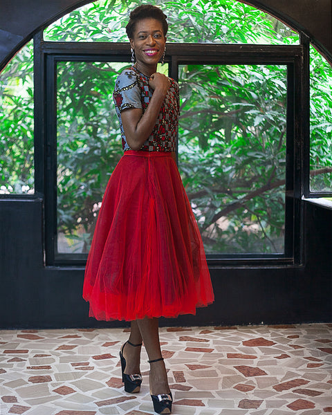 Ezinne Chinkata wearing an Ankara Patchwork top by The Ladymaker