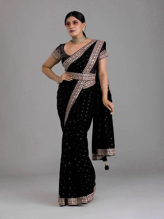 Black Chinon Zari Embroidery With Sequence Work Saree