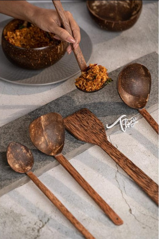 Traditional Coconut Shell & Wood Cooking Set | Set of 5