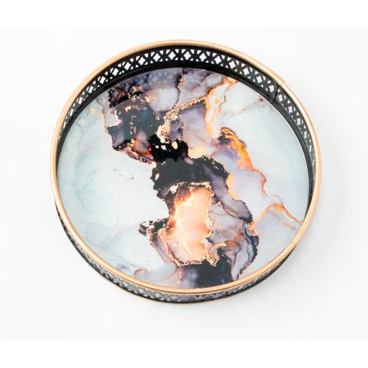 Midnight Black Abstract Print Iron Round Tray | Small