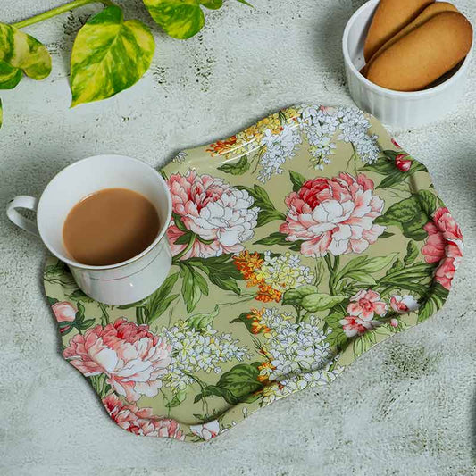 Rectangle Green Floral Metal Serving Tray