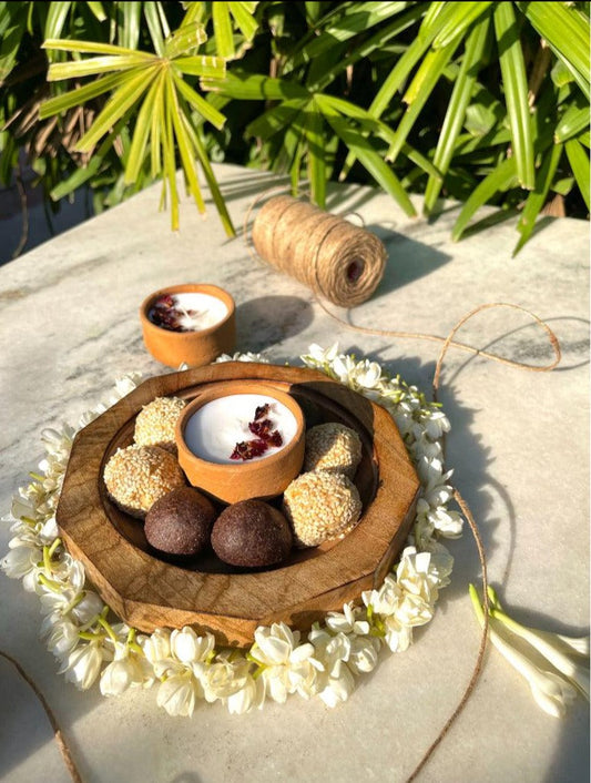 Decagon Bowl with Seseme ladoos, chocolate ladoos & Diya | Gift Set