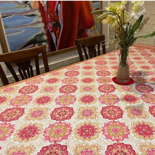 Gold & Pink Block Design Printed Table Cover