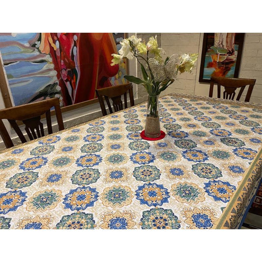 Blue & Gold Cream Printed Table Cover