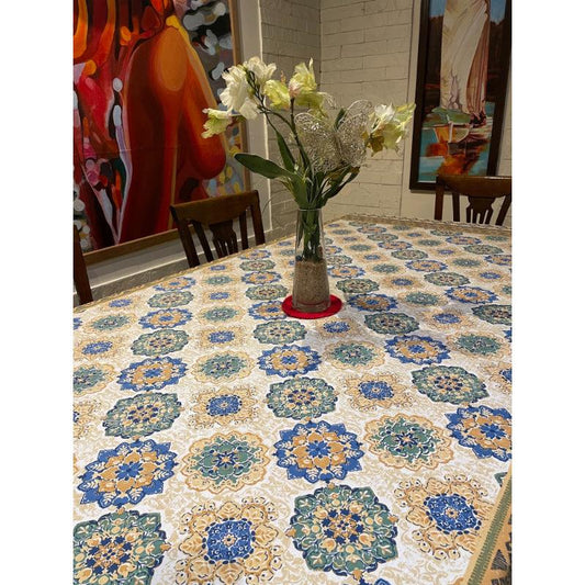 Blue & Gold Cream Printed Table Cover