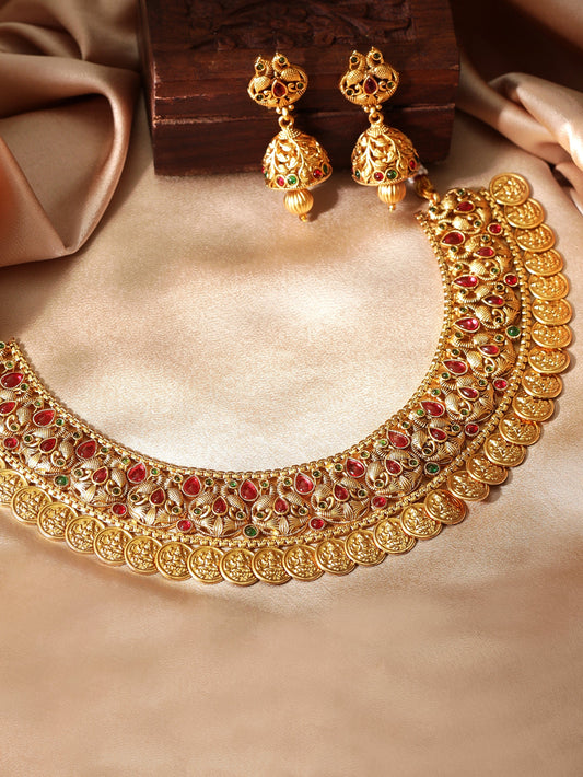 Rubans 22K Gold Plated Temple Necklace Set With Brown Beads.