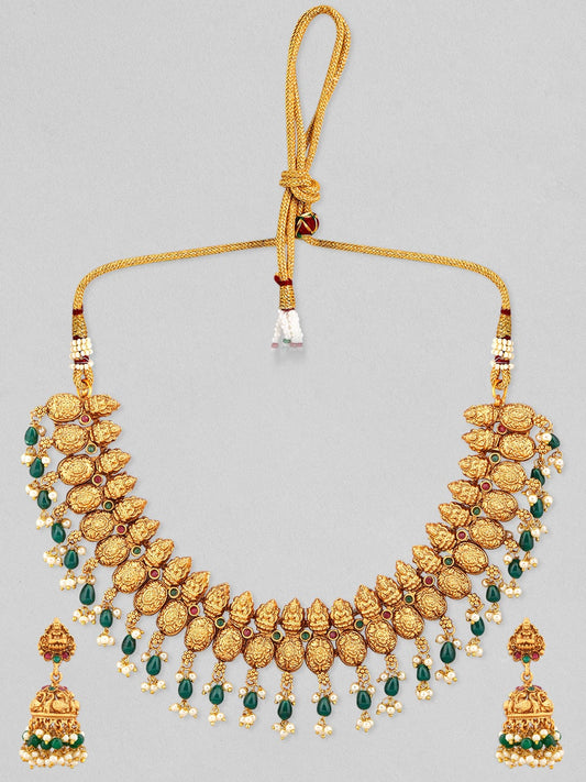 Rubans 24k Gold Plated Temple Jewellery Set With Green Beads And Pearls.