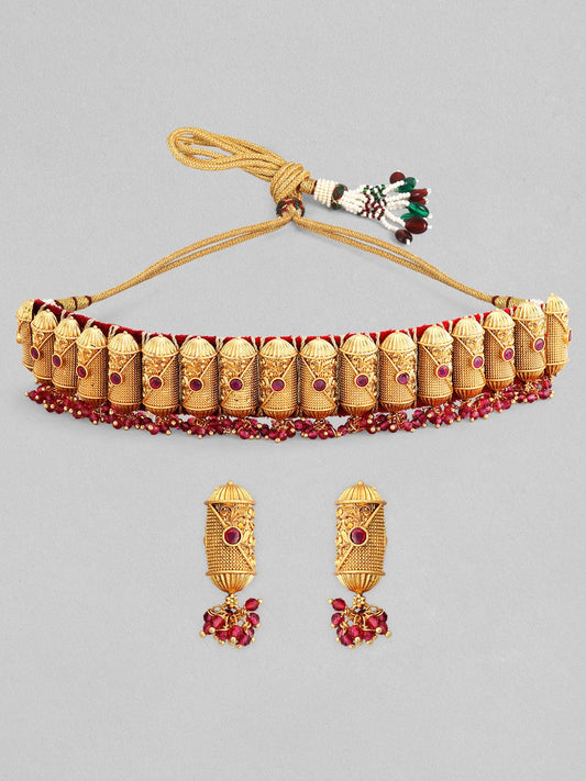 Rubans 24k Gold Plated Temple Necklace Set With Pink Beads.
